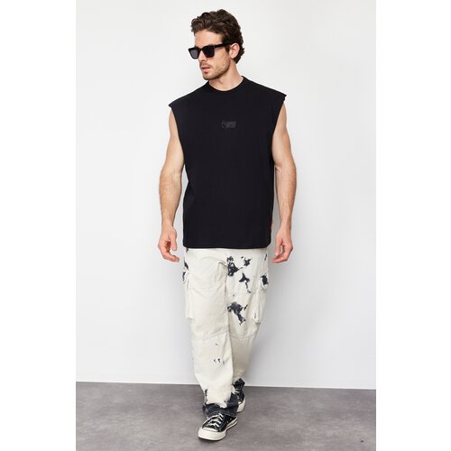 Trendyol men's black oversize/wide-fit fluffy text printed label zero sleeve t-shirt/athlete Slike