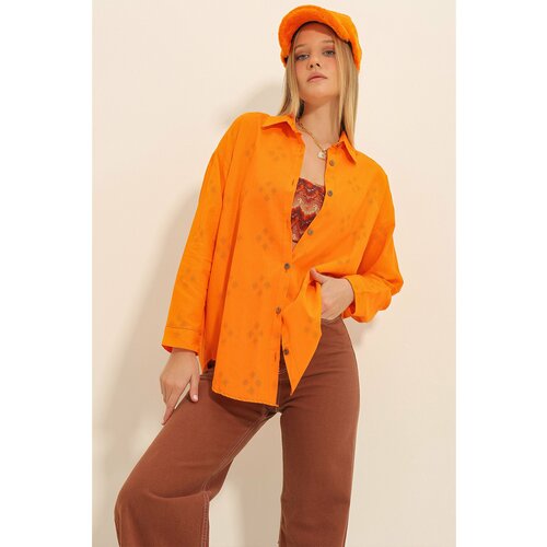 Trend Alaçatı Stili Women's Orange Motif Oversize Linen Shirt Cene