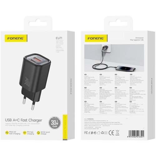 Foneng EU71 PD 30W 1XUSB-C 1XUSB QC3.0 POLNILEC ZA APPLE ANDROID TELEFONE, (5000337819) Cene