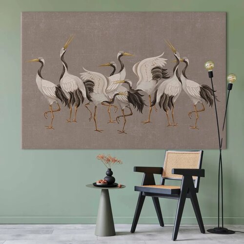  XXL slika - Crane dance &amp;ndash; bright silhouettes of birds against a warm grey background with texture 150x100 Slike
