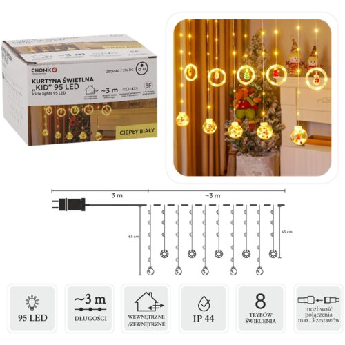 Molarem Home Božićne LED lampice za dječju sobu - Zavjesa - 95 LED, IP44, toplo bijela, 3m, 8 načina osvjetljenja Cene