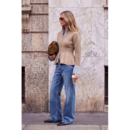 TRENDYOLMILLA Trendyol ženski duks Wardrobe Essentials Mink Soft Textured Peplum Detailed Turn-Down Collar Knitwear Cardigan Twoaw27Hi00063 Cene