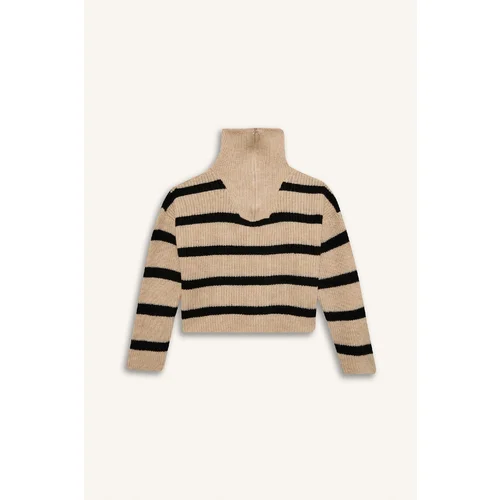 Defacto Girls' Standard Fit Stand Collar Zip-Up Striped Knitwear Sweater