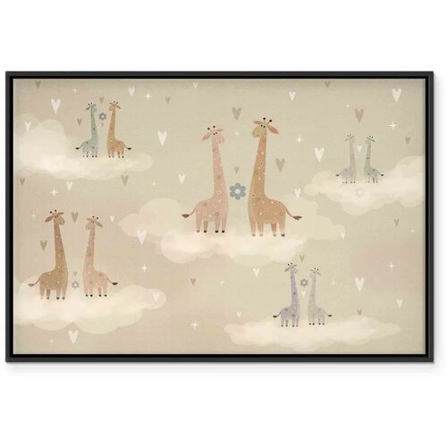  Slika - Love - Colorful Giraffes Floating on Clouds Among Hearts and Stars 120x80 U crnom drvenom okviru Slike