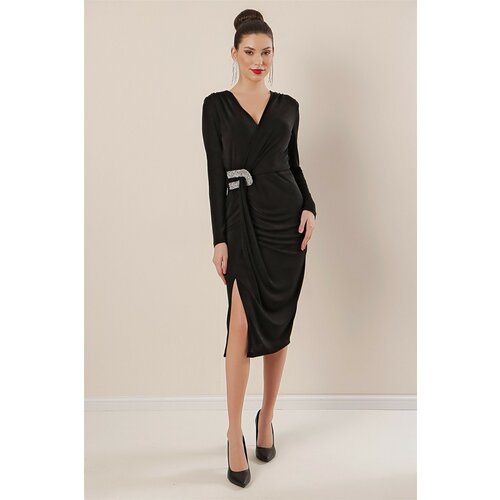 By Saygı Double-breasted Collar With Pleated Sides, Beading Detailed Dress Black Slike