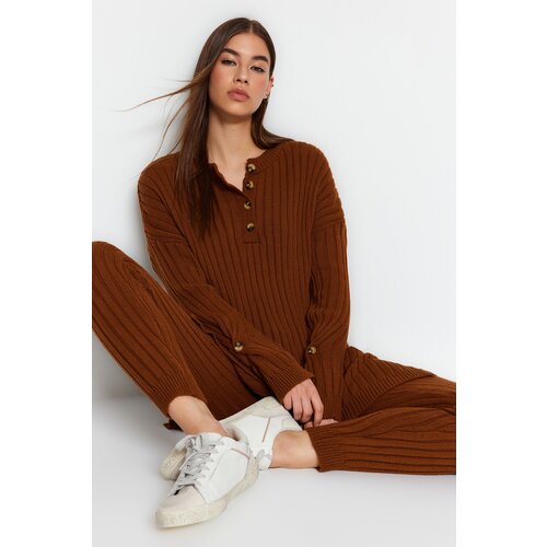 Trendyol Dark Brown Sweater Bottom-Top Suit with Ribbed Pants Cene