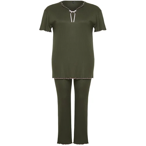 Trendyol Curve Khaki Bow Detailed Camisole Knitted Pajamas Set