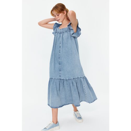 Trendyol Light Blue Ruffle Oversize Maxi Denim Dress Slike