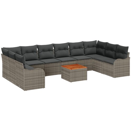 VidaXL 11-dijelna vrtna sofa garnitura s jastučićima siva poli ratan akacija, 2-sjedna vrtna sofa s jastučićima siva poli ratan Slike