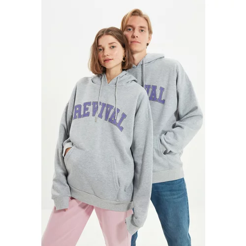 Trendyol Men's Gray Oversized Hooded Cotton Unisex Sweatshirt