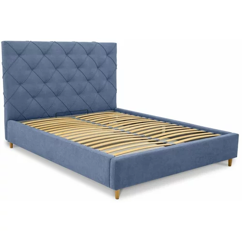 Scandic Modra oblazinjena zakonska postelja s prostorom za shranjevanje z letvenim dnom 140x190 cm Bee –