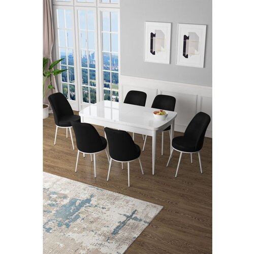 Hanah home Zen - White, Black WhiteBlack Extendable Dining Table & Chairs Set (7 Pieces) Cene