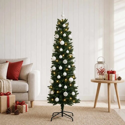  Umjetno usko božićno drvce s kuglicom 120 cm 150 LED lampica - 120 cm s LED žaruljama i bijelim kuglicama Zelena Slike