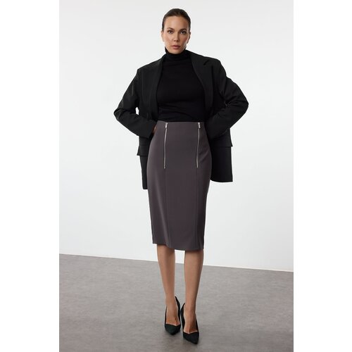 Trendyol Anthracite Front Zipper Detailed Midi Skirt Cene