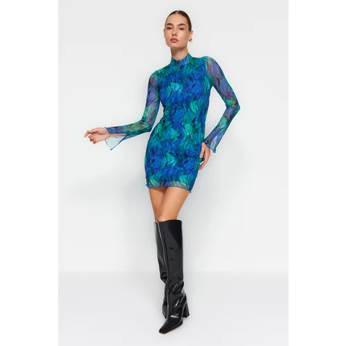 Trendyol Blue Stand-Up Collar Printed Mini Knitted Dress with Frills Fitted/Stickered Tulle Liner