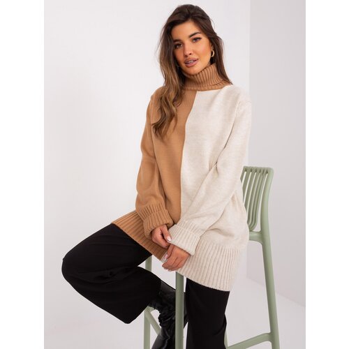 Fashion Hunters Camel and beige two-tone turtleneck sweater Slike