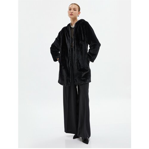 Koton Plush Long Coat Zippered Hooded Pocket Detailed Slike