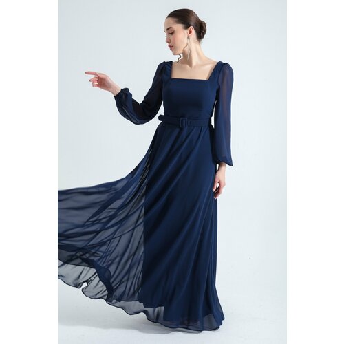 Lafaba women's navy blue square neck long chiffon evening dress Cene