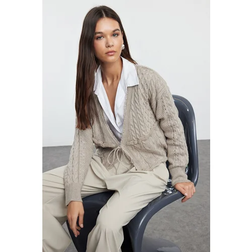 Trendyol Beige Crop Tie Detail Knitwear Cardigan