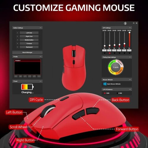 Attack Shark bežični gaming mi&amp;scaron; R1 PAW3311/TriMode/Superlight/Ergonomic/Red Slike