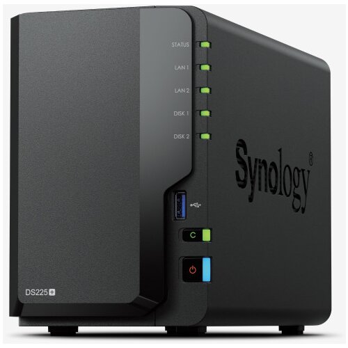 Synology DS225+, Tower, 2-bays 3.5'' SATA HDD/SSD, CPU Inte Celeron J4125 4-core (4-thread) 2.0 GHz, burst up to 2.7 GHz, 2 GB DDR4 non-ECC (expandable up to 6 GB), 1xRJ-45 1GbE LAN, 1xRJ-45 Cijene
