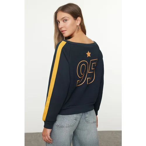 Trendyol Navy Blue Front and Back Printed Carmen Collar Piping Detailed Regular Fit Knitted Sweatshirt