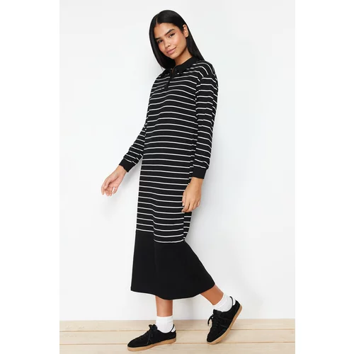 Trendyol Black Striped Polo Collar Knitted Dress