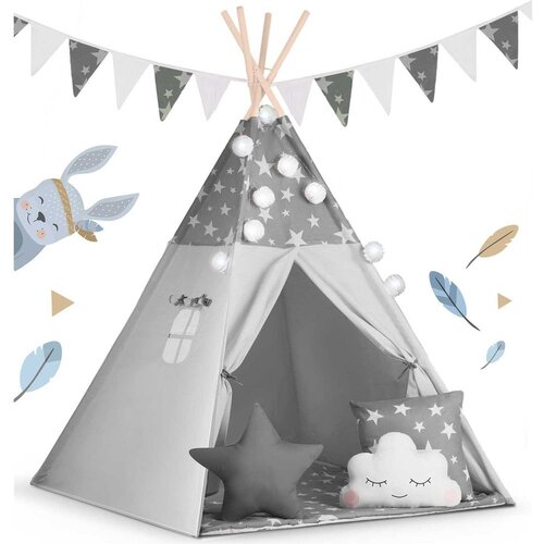  Teepee &amp;scaron;ator za djecu s girlandom i nukido svjetlima - sivi sa zvjezdicama Slike