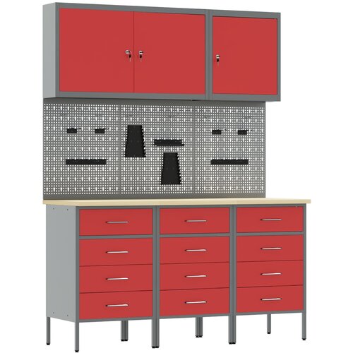 vidaXL 8-delni delovni kabinet in pegboard komplet - rdeča MDF in kovina, (22047398) Cene