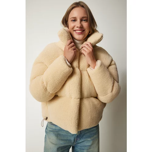 Happiness İstanbul Women's Cream Stand Up Collar Fluffy Down Jacket