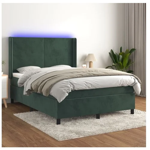 vidaXL Box spring postelja z vzmetnico LED tem. zelena 140x1