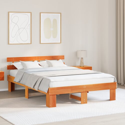 VidaXL Posteljni okvir s hrbtom Rjava 140x200 cm Trden borov les Slike