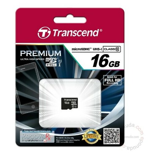 Transcend Micro SD 16GB, SDXC Class10, UHS-I, 90/20 MB/s, TS16GUSDCU1 memorijska kartica Slike