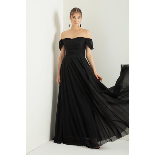 Lafaba Women's Black Boat Collar Draped Long Glittery Evening Dress with a Slit. Slike