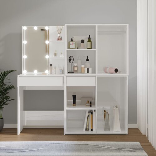 vidaXL LED toaletna mizica z 2 omaricama visok sijaj bel inženir. les Cene
