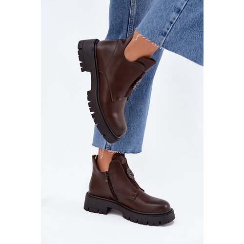 Boto Insulated Low Women's Ankle Boots With Decoration On Zipper Brown Lavira Cene