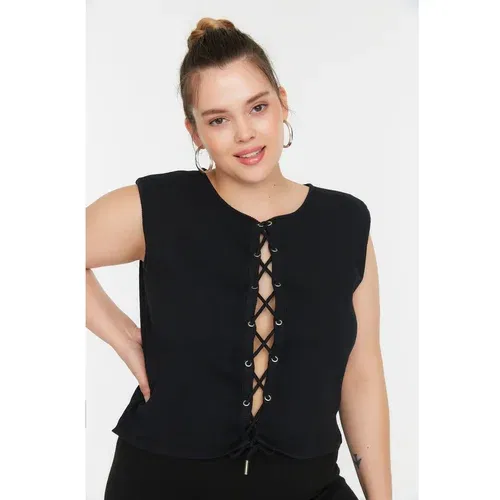 Trendyol Curve Black Tie Detailed Knitted Blouse