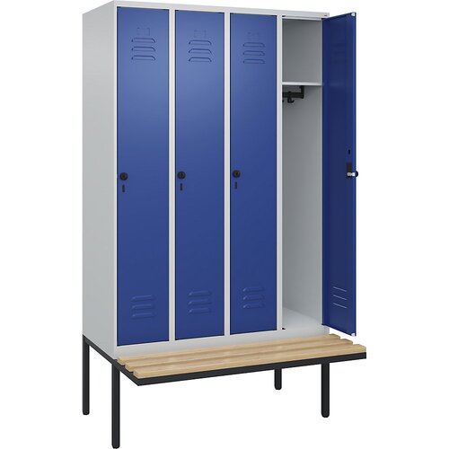 C+P Garderobna omara s klopjo Classic PLUS, 4 deli, svetlo sive / encijan modre barve, Š 1200 mm, varnostni vrtljivi zapah, lebdeča klop, bukov les Cene