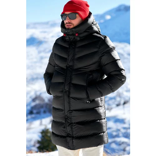 River Club Men's Hooded Water and Windproof Black Inflatable Fiber Filled Long Winter Coat, Parka Coat.