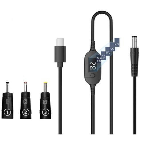 INF Kabel USB-C na DC 5,5&amp;times;2,5 mm z nastavljivo napetostjo in digitalnim prikazom 1 m + 3 DC adapterji, črn &amp;mdash; PD3.1 140W, 6-stopenjski izbor napetosti, (5000276847) Slike