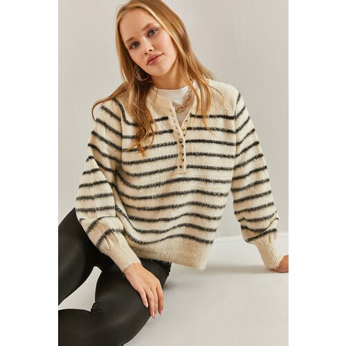 Bianco Lucci Women&amp;#039;s Rayon Striped 11-Button Knitwear Sweater Slike