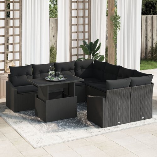 VidaXL Set vrtnog sofa 9 dijelova Crna Ratan, Poliester Vrtni sofa set Slike