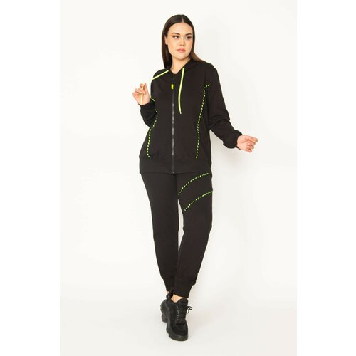 Şans women's large size green zipper and hood detailed sweatshirt trousers tracksuit set Slike