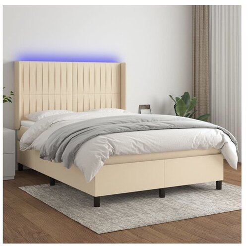 vidaXL Box spring postelja z vzmetnico LED krem 140x190 cm b Cene