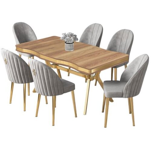 Hanah home trpezarijski set Pem, sto i 6 stolica, ploča u dekoru Hazar, zlatne noge, siva tkanina Babyface Cene