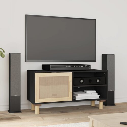 vidaXL TV omarica Črna 80x30x40 cm trdna borovina in naravni ratan Cene