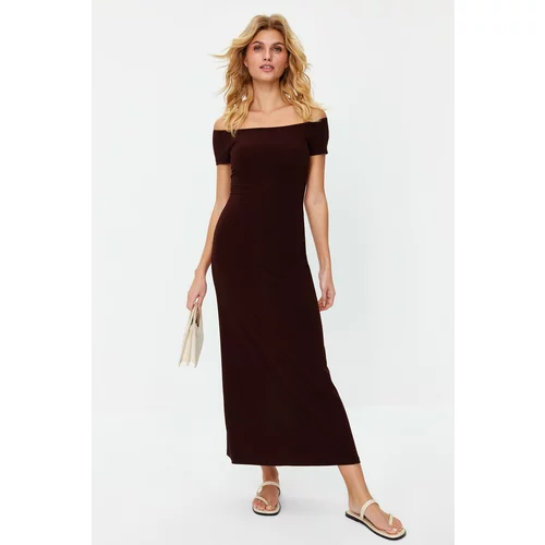 Trendyol Brown Carmen Collar Fitted/Fitting Stretchy Knitted Maxi Dress