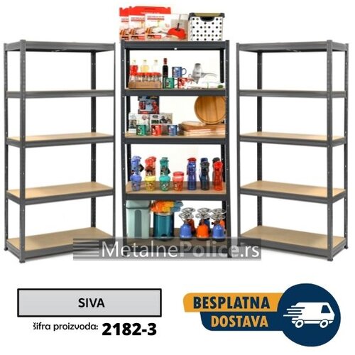  Komplet od 3 police metal-medijapan 180x90x40cm, 5x200kg Siva. Dimenzije kopleta 180x270x40cm Slike