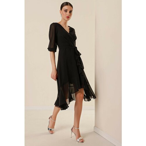 By Saygı Double-breasted Chiffon Dress With Plunging Neck Skirt Belted Waist Belted Lined Balloon Sleeves Wide Body. Slike