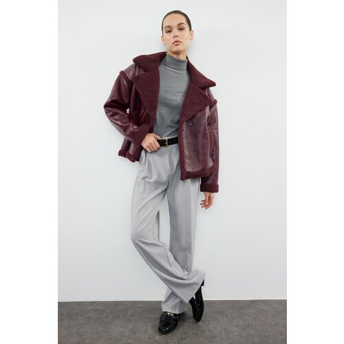 Trendyol burgundy plush detailed faux leather biker jacket coat Slike